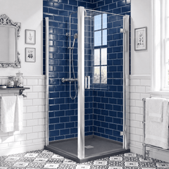 8mm Toughened Safety Glass Hinged Shower Door, Side Panel and Slimline Shower Tray - Choice of Size and Finish