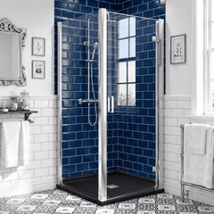 8mm Toughened Safety Glass Hinged Shower Door, Side Panel and Slimline Shower Tray - Choice of Size and Finish