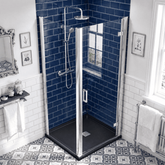 8mm Toughened Safety Glass Hinged Shower Door, Side Panel and Slimline Shower Tray - Choice of Size and Finish