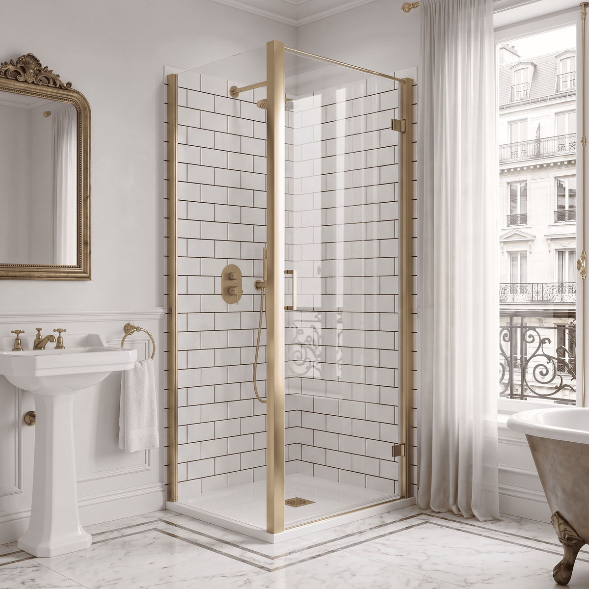 8mm Toughened Safety Glass Hinged Shower Door, Side Panel and Slimline Shower Tray - Choice of Size and Finish