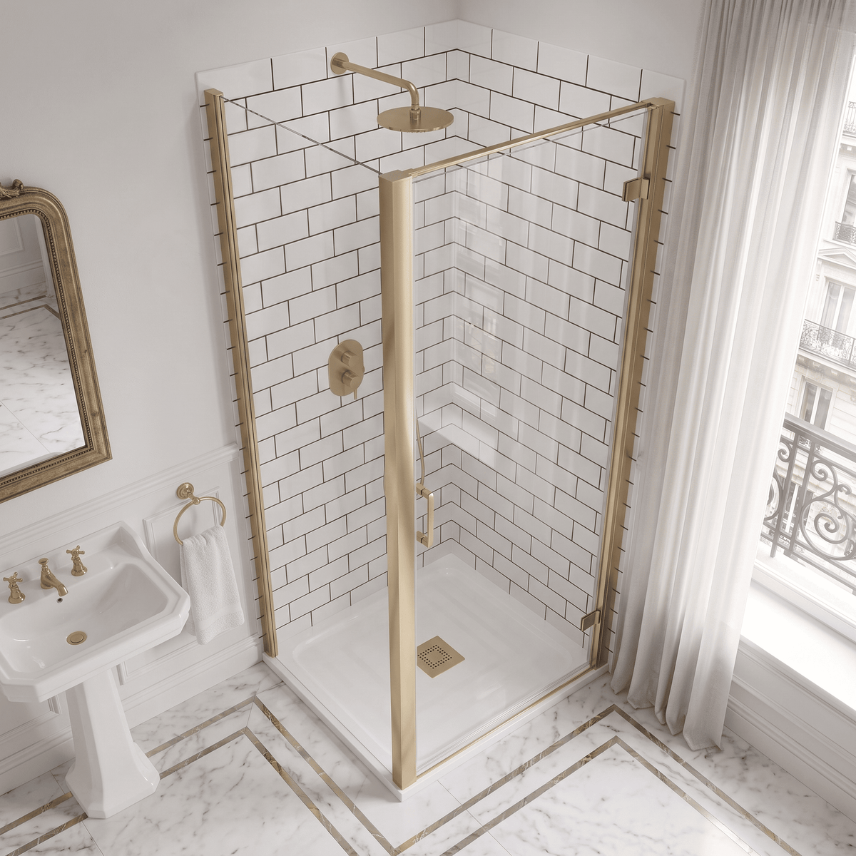 8mm Toughened Safety Glass Hinged Shower Door, Side Panel and Slimline Shower Tray - Choice of Size and Finish