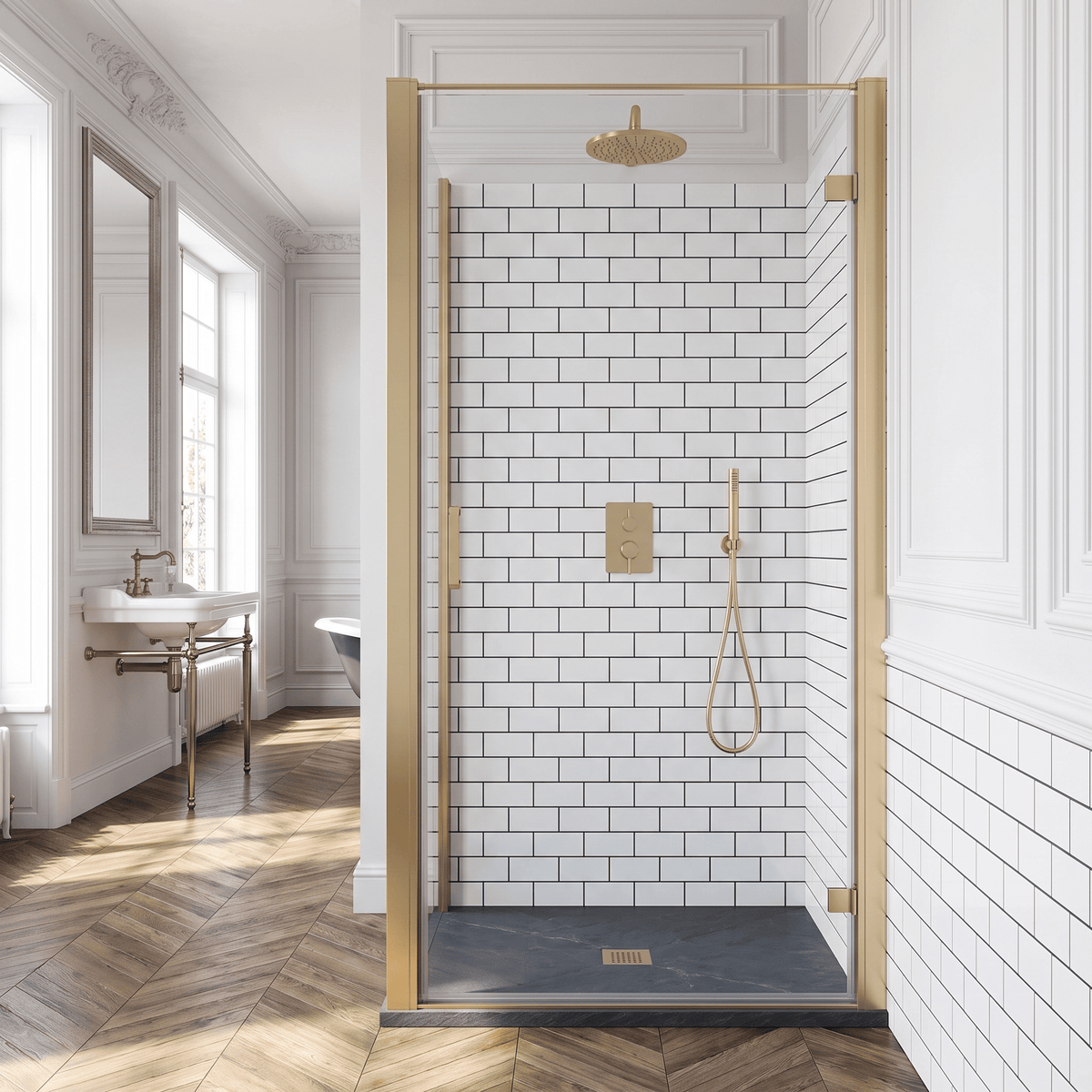 8mm Toughened Safety Glass Hinged Shower Door, Side Panel and Slimline Shower Tray - Choice of Size and Finish