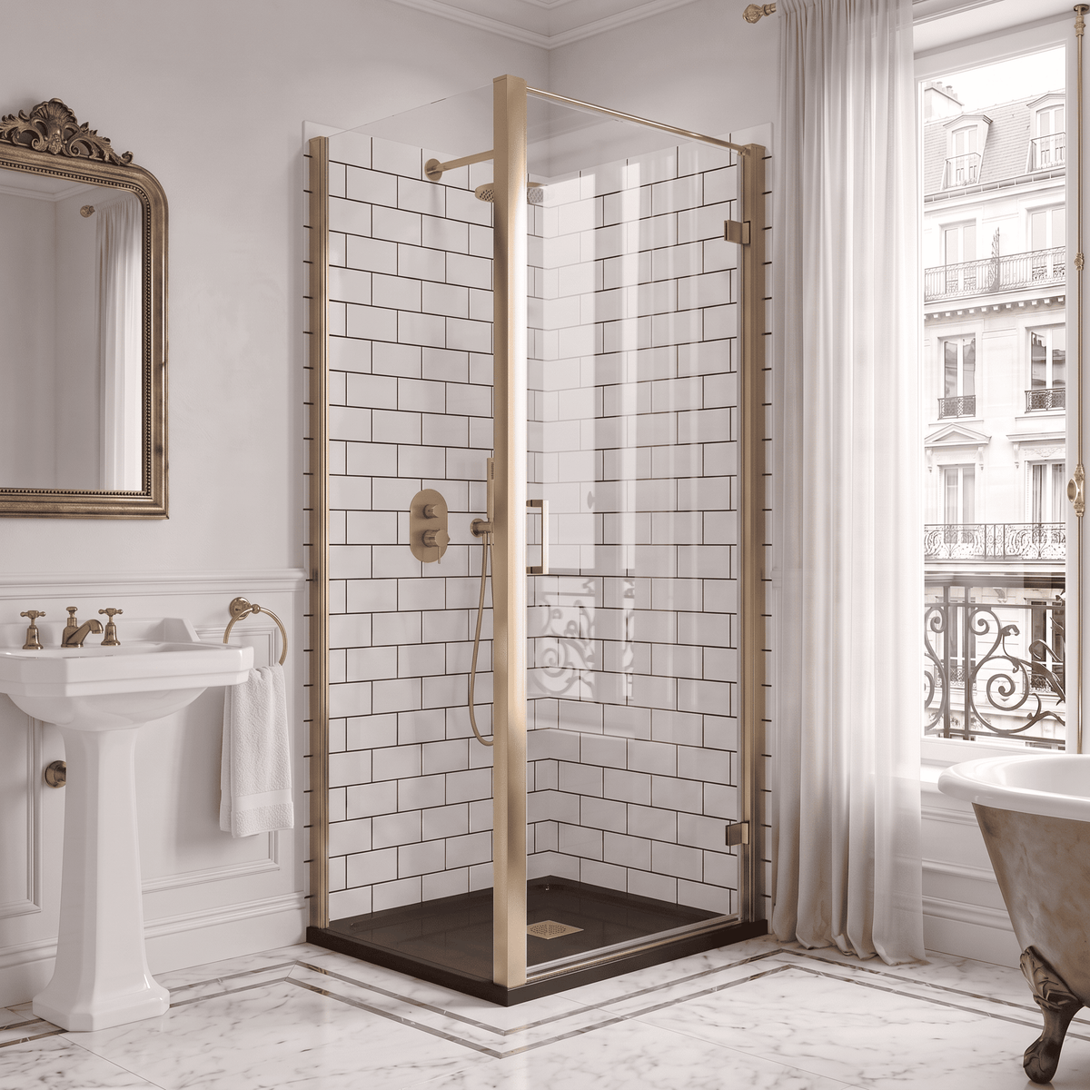 8mm Toughened Safety Glass Hinged Shower Door, Side Panel and Slimline Shower Tray - Choice of Size and Finish