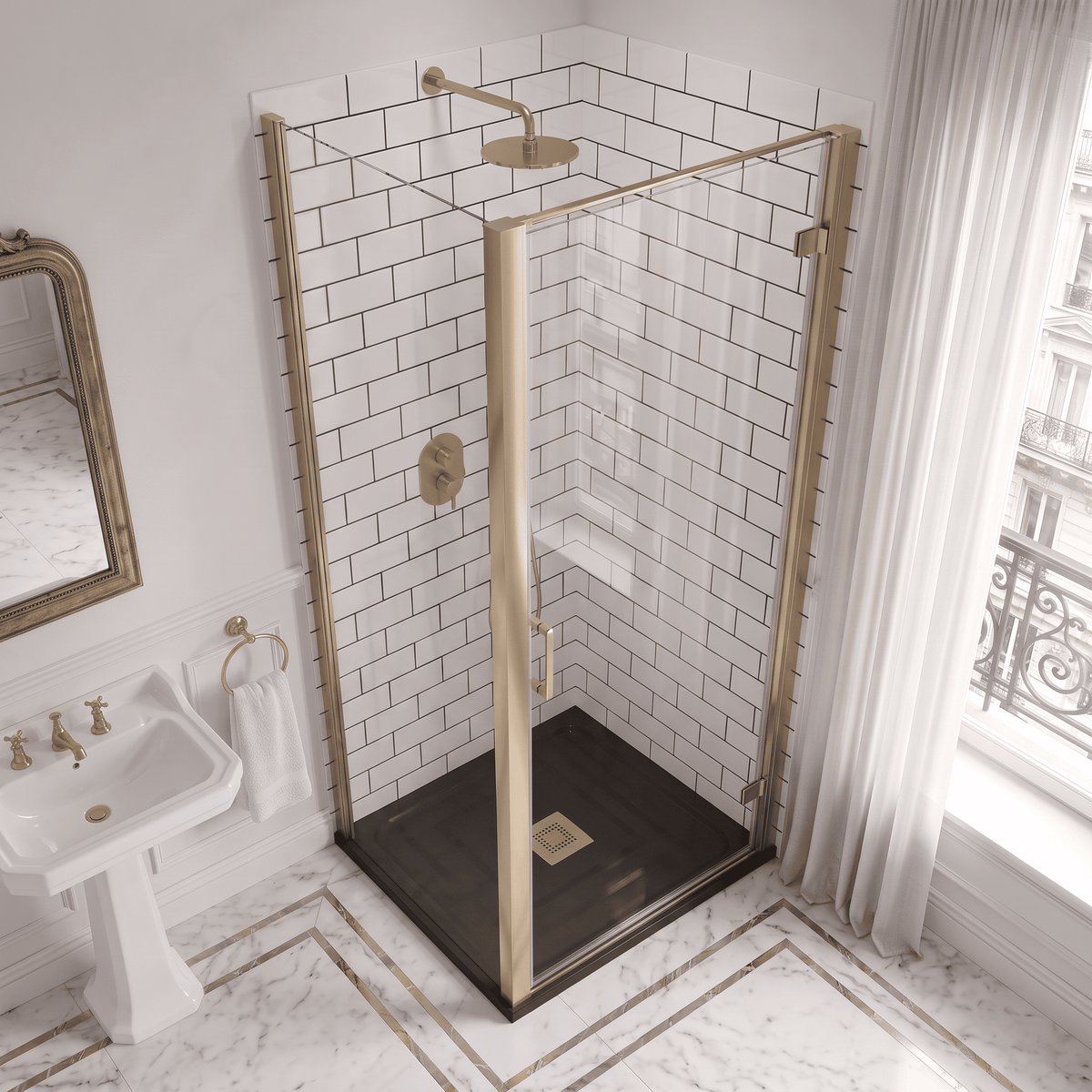 8mm Toughened Safety Glass Hinged Shower Door, Side Panel and Slimline Shower Tray - Choice of Size and Finish