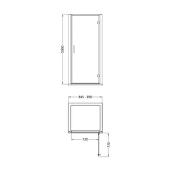 [BEZLU070] 8mm Toughened Safety Glass Hinged Shower Door, Side Panel and Shower Tray - Choice of Size and Finish - Technical Drawing