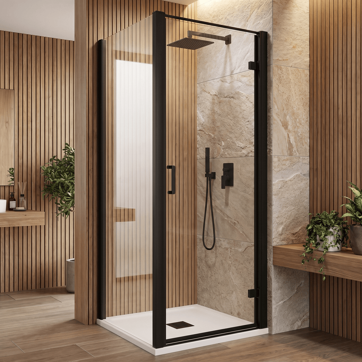 8mm Toughened Safety Glass Hinged Shower Door, Side Panel and Slimline Shower Tray - Choice of Size and Finish