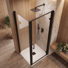 8mm Toughened Safety Glass Hinged Shower Door, Side Panel and Slimline Shower Tray - Choice of Size and Finish