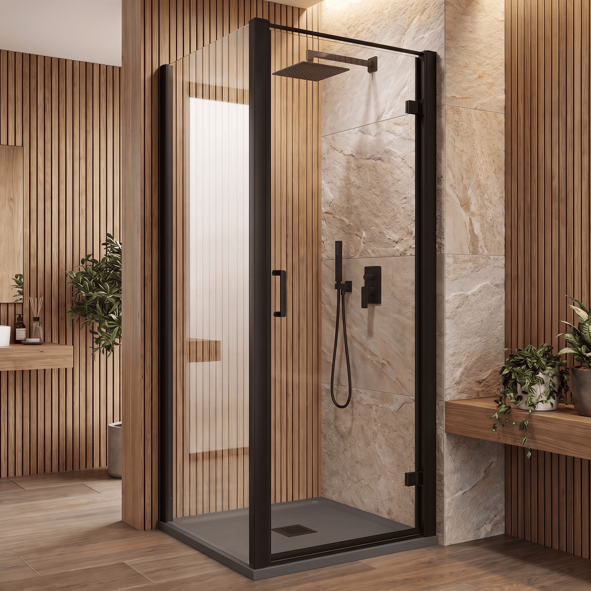8mm Toughened Safety Glass Hinged Shower Door, Side Panel and Slimline Shower Tray - Choice of Size and Finish