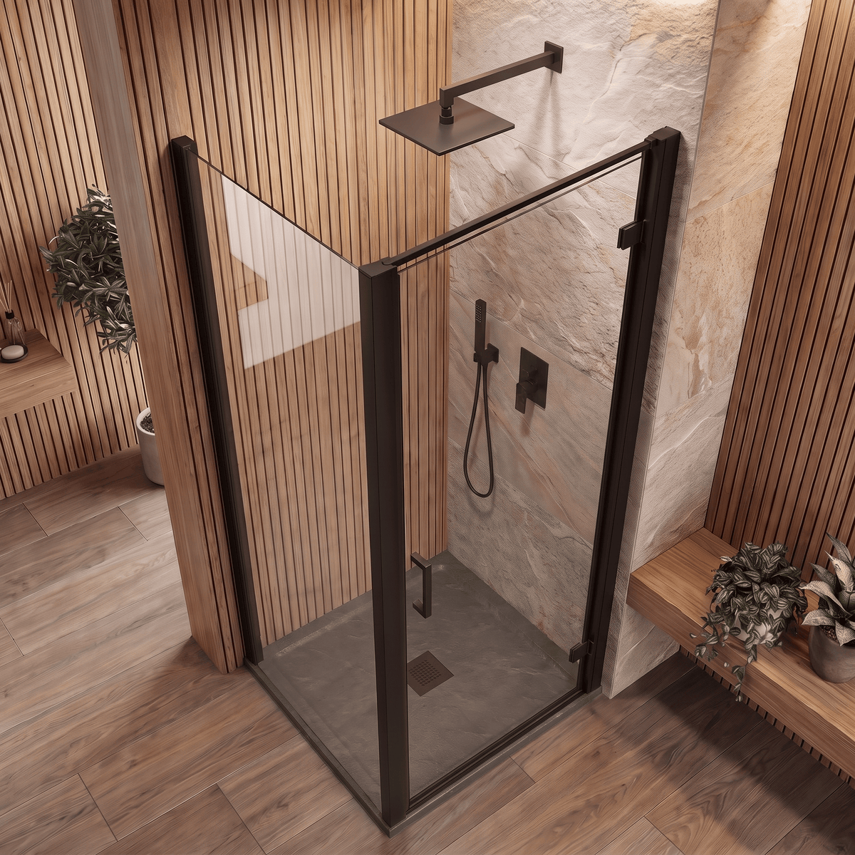 8mm Toughened Safety Glass Hinged Shower Door, Side Panel and Slimline Shower Tray - Choice of Size and Finish