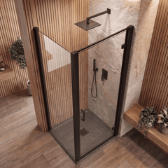 8mm Toughened Safety Glass Hinged Shower Door, Side Panel and Slimline Shower Tray - Choice of Size and Finish