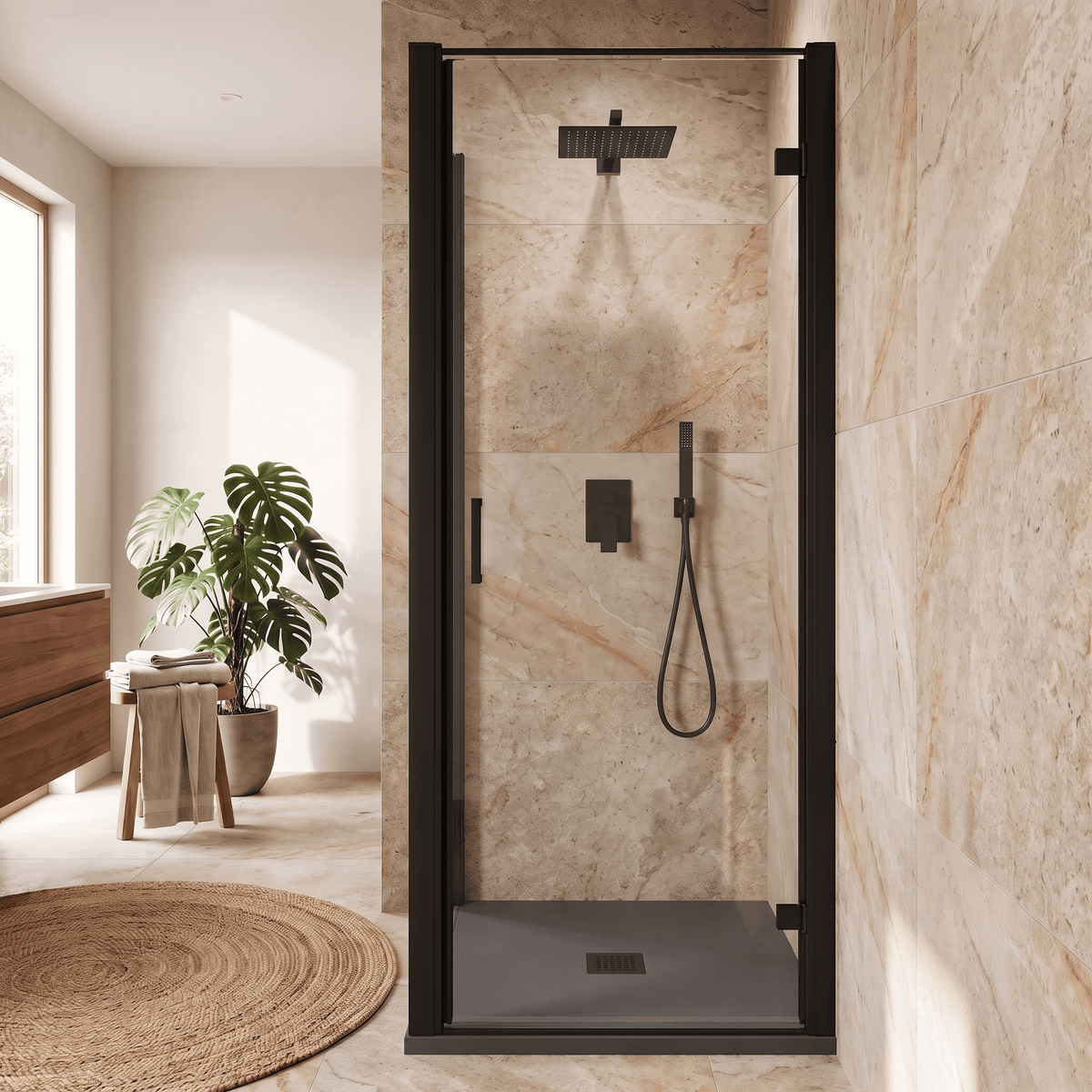 8mm Toughened Safety Glass Hinged Shower Door, Side Panel and Slimline Shower Tray - Choice of Size and Finish