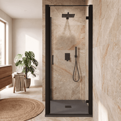8mm Toughened Safety Glass Hinged Shower Door, Side Panel and Slimline Shower Tray - Choice of Size and Finish