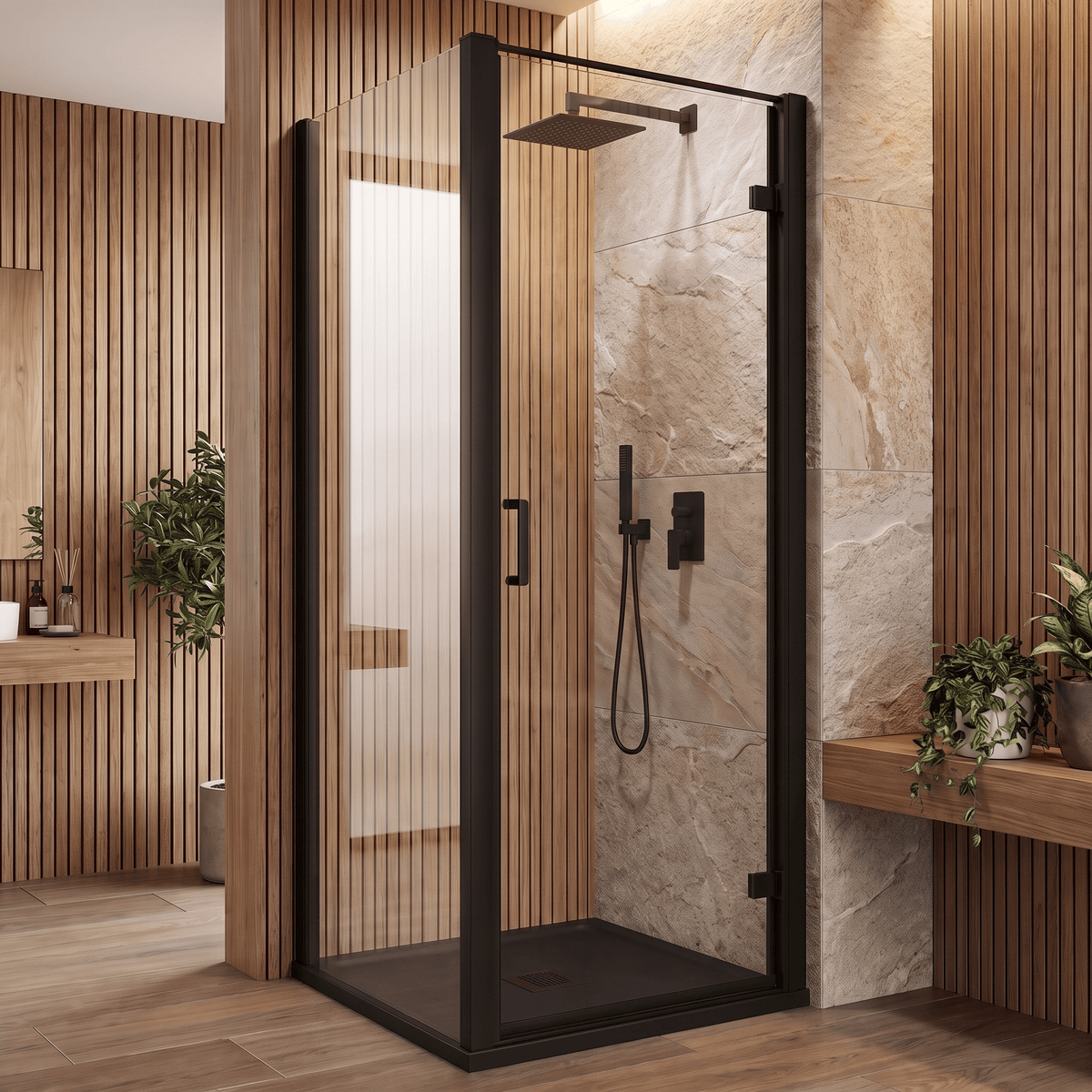 8mm Toughened Safety Glass Hinged Shower Door, Side Panel and Slimline Shower Tray - Choice of Size and Finish