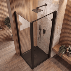 8mm Toughened Safety Glass Hinged Shower Door, Side Panel and Slimline Shower Tray - Choice of Size and Finish