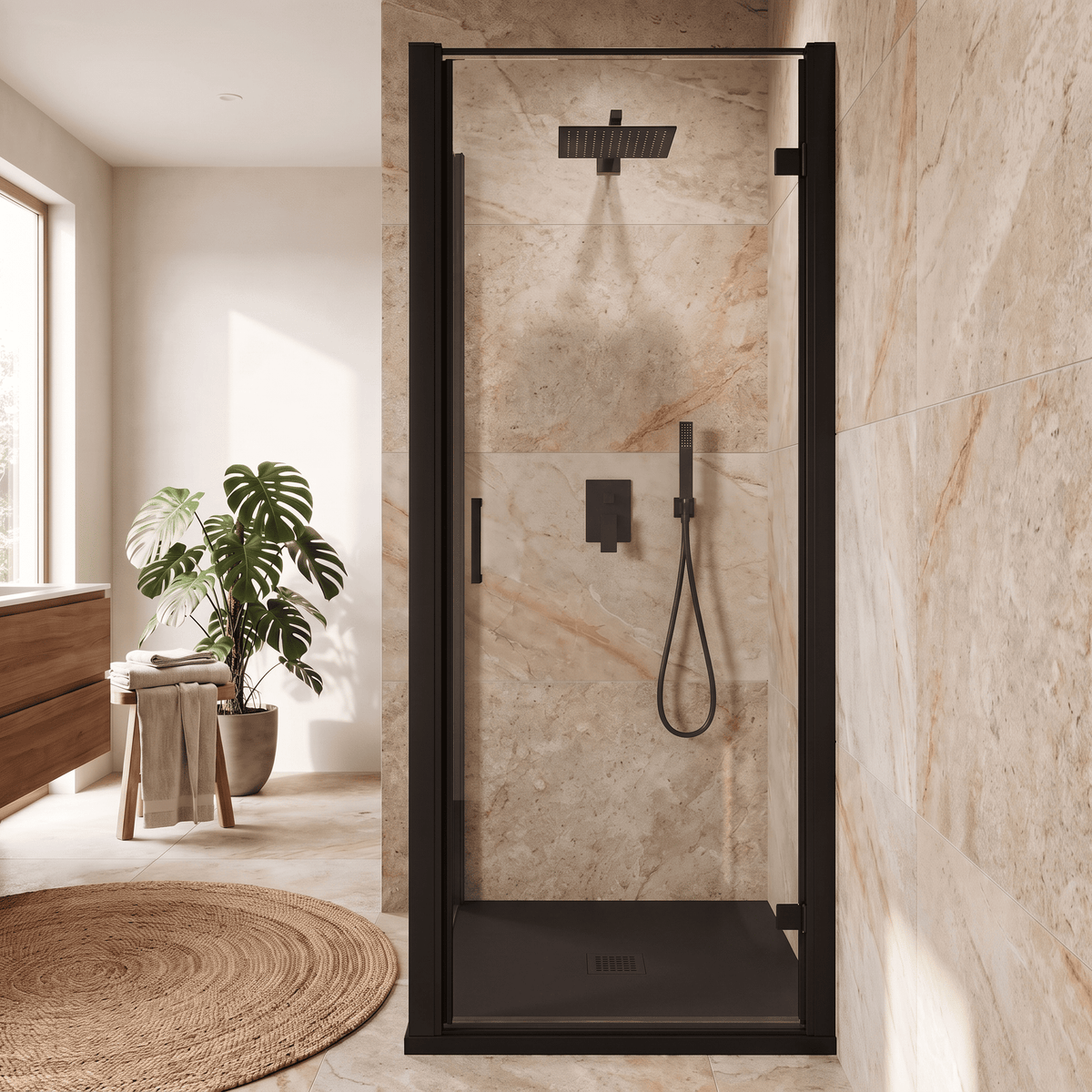 8mm Toughened Safety Glass Hinged Shower Door, Side Panel and Slimline Shower Tray - Choice of Size and Finish