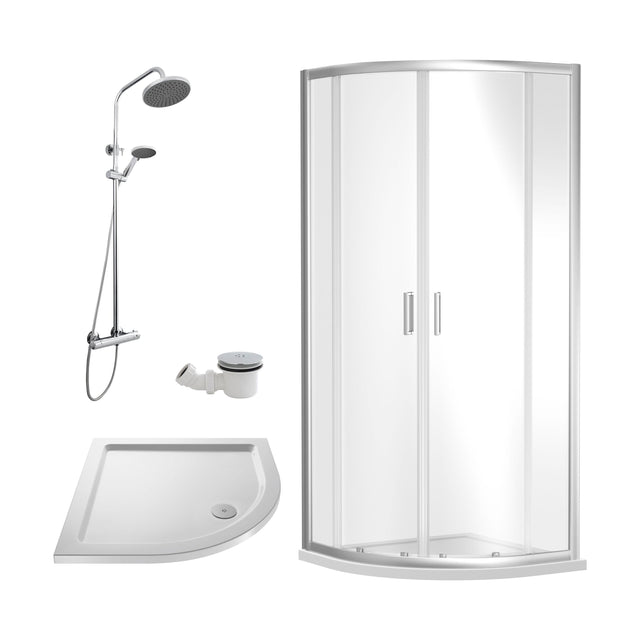 [BEZRU014] Balterley Ruwa Quadrant Shower Enclosure Bundle: Slimline Tray, Round Kit & Waste, 800 x 800 mm White/Chrome - Cutout