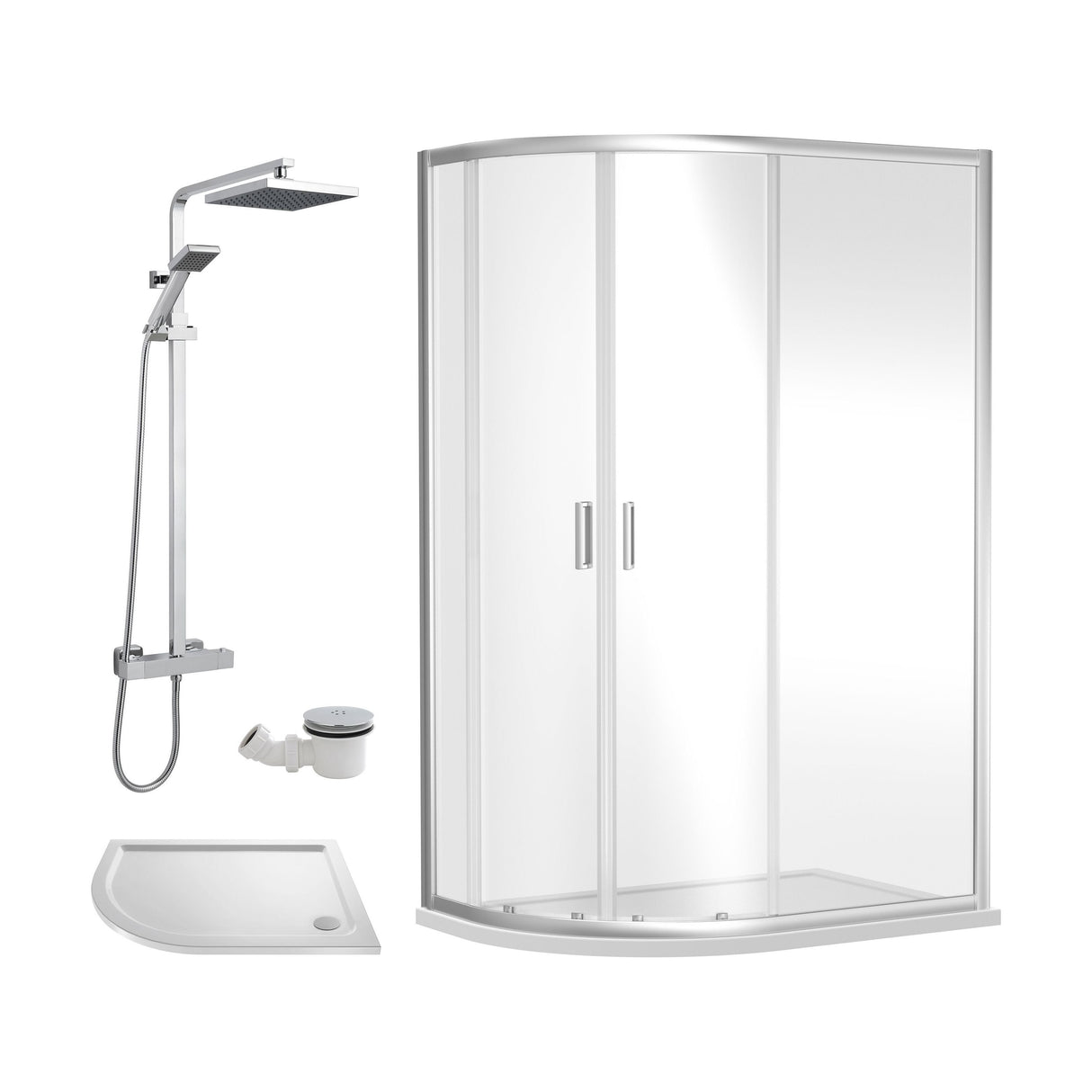 [BEZRU021] Balterley Ruwa Quadrant Offset Left Bundle: Slimline Tray, Square Kit & Waste, 1000 x 800 mm White/Chrome - Cutout