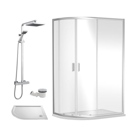 [BEZRU021] Balterley Ruwa Quadrant Offset Left Bundle: Slimline Tray, Square Kit & Waste, 1000 x 800 mm White/Chrome - Cutout