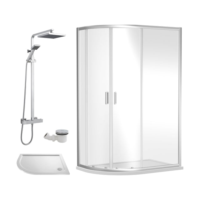 [BEZRU021] Balterley Ruwa Quadrant Offset Left Bundle: Slimline Tray, Square Kit & Waste, 1000 x 800 mm White/Chrome - Cutout