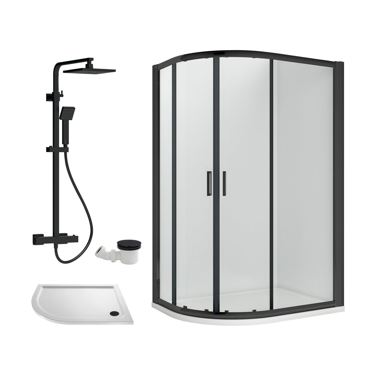 [BEZRU029] Balterley Ruwa Quadrant Offset Left Bundle: Tray, Square Kit & Waste, 1000 x 800 mm White/Black - Cutout
