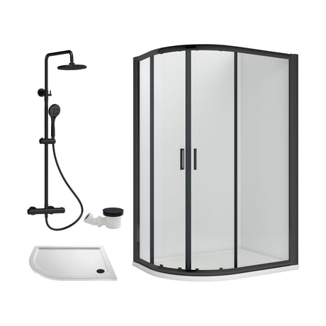 [BEZRU030] Balterley Ruwa Quadrant Offset Left Bundle: Tray, Round Kit & Waste, 1000 x 800 mm White/Black - Cutout