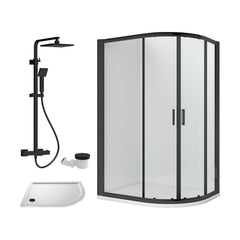 [BEZRU031] Balterley Ruwa Quadrant Offset Right Bundle: Tray, Square Kit & Waste, 1000 x 800 mm White/Black - Cutout