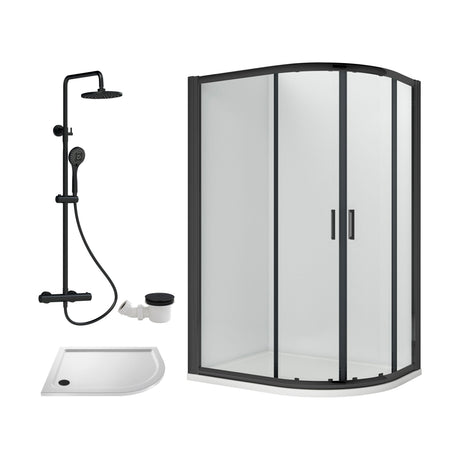 [BEZRU032] Balterley Ruwa Quadrant Offset Right Bundle: Tray, Round Kit & Waste, 1000 x 800 mm White/Black - Cutout