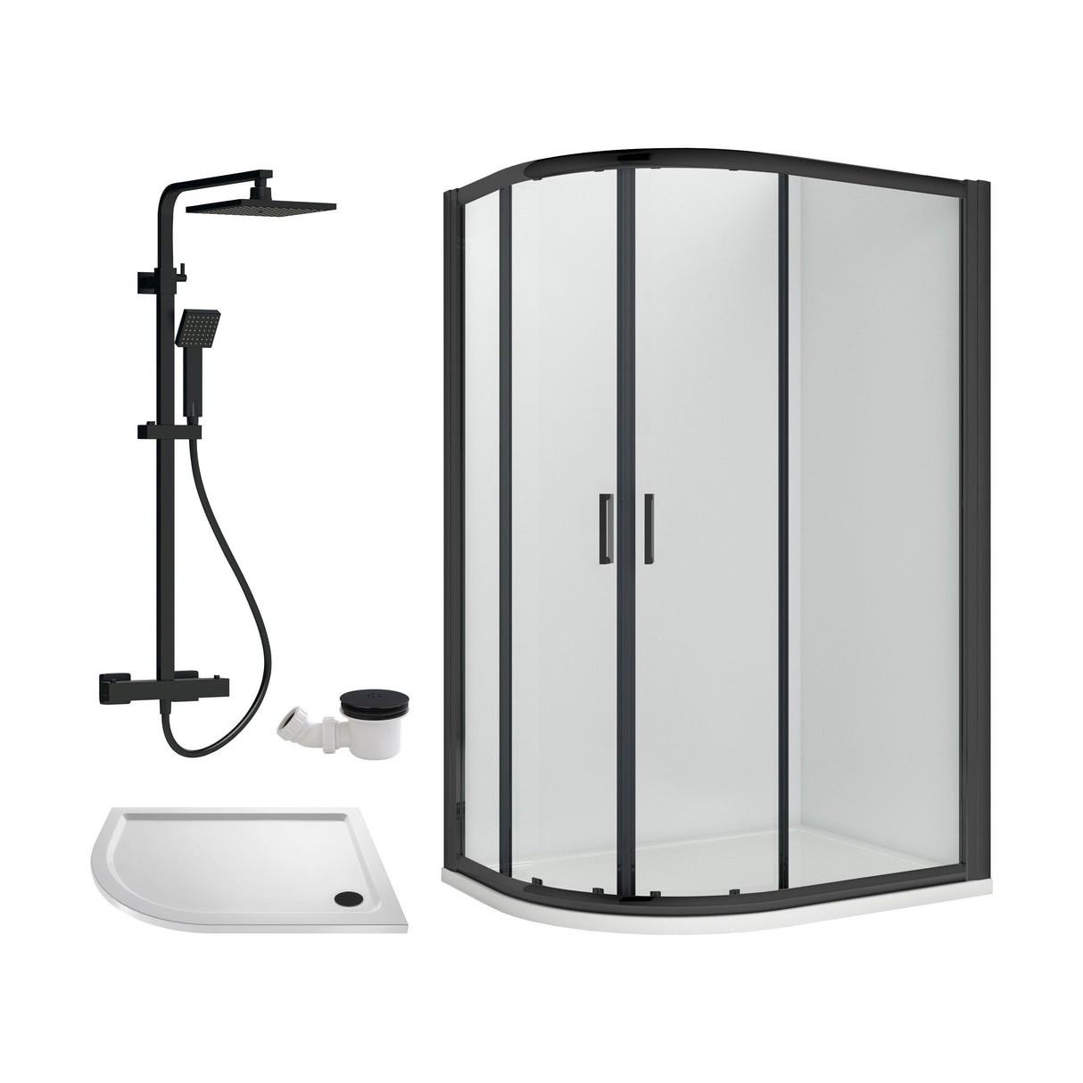 [BEZRU033] Balterley Ruwa Quadrant Offset Right Bundle: Tray, Round Kit & Waste, 1000 x 800 mm White/Black - Cutout