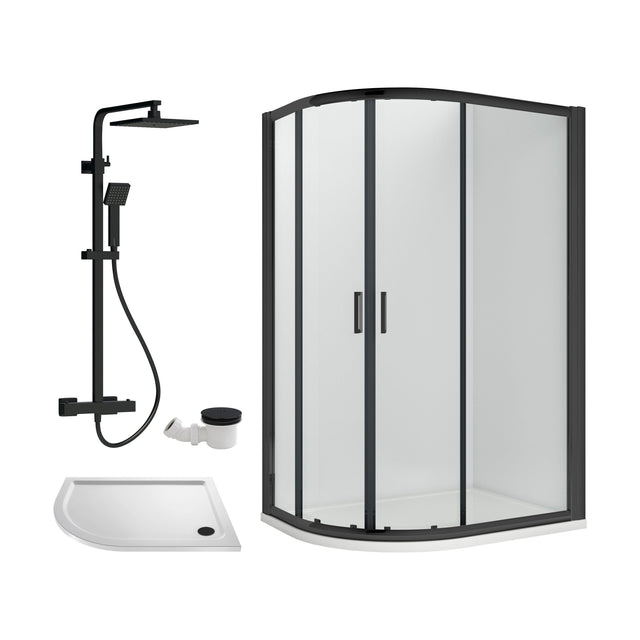 [BEZRU033] Balterley Ruwa Quadrant Offset Right Bundle: Tray, Round Kit & Waste, 1000 x 800 mm White/Black - Cutout