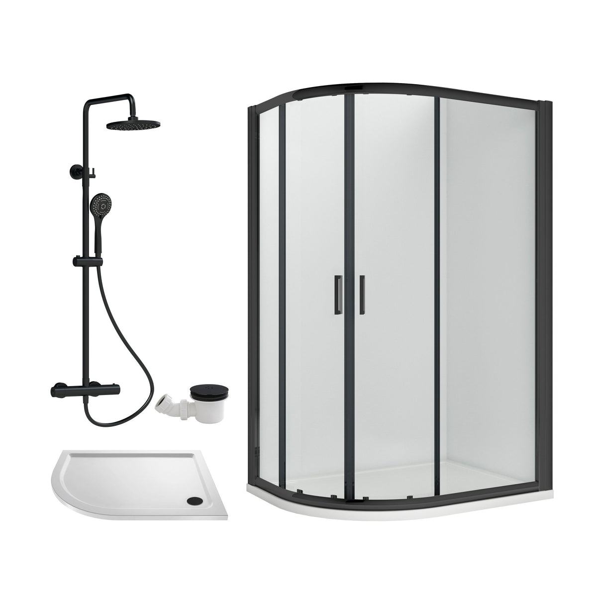 [BEZRU034] Balterley Ruwa Quadrant Offset Left Bundle: Tray, Round Kit & Waste, 1000 x 800 mm White/Black - Cutout