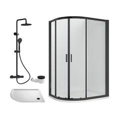 [BEZRU034] Balterley Ruwa Quadrant Offset Left Bundle: Tray, Round Kit & Waste, 1000 x 800 mm White/Black - Cutout