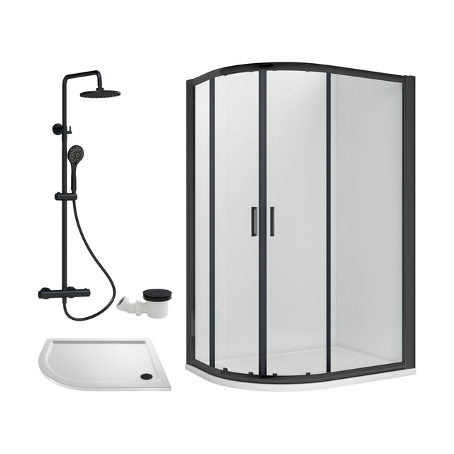 [BEZRU034] Balterley Ruwa Quadrant Offset Left Bundle: Tray, Round Kit & Waste, 1000 x 800 mm White/Black - Cutout