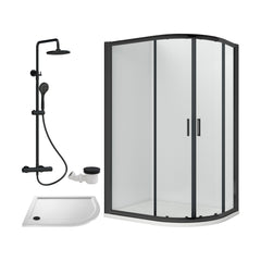 [BEZRU036] Balterley Ruwa Quadrant Offset Right Bundle: Tray, Round Kit & Waste, 1200 x 800 mm White/Black - Cutout