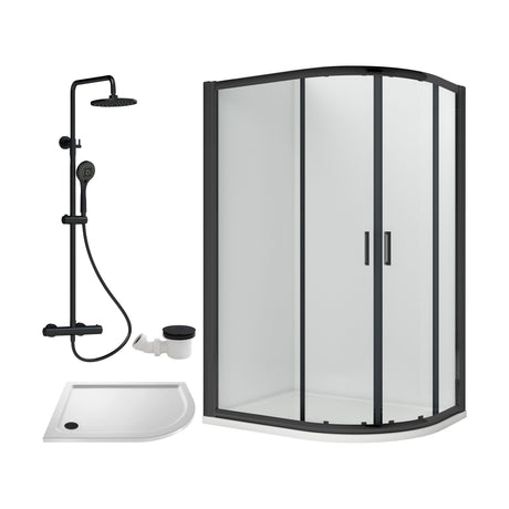 [BEZRU036] Balterley Ruwa Quadrant Offset Right Bundle: Tray, Round Kit & Waste, 1200 x 800 mm White/Black - Cutout