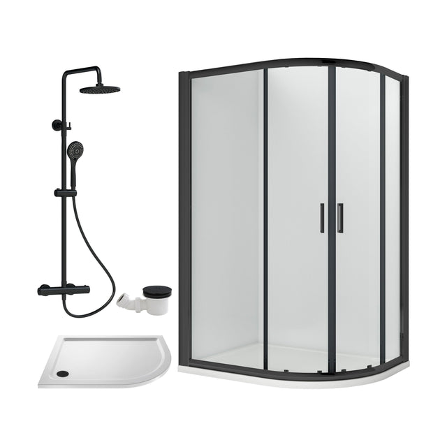 [BEZRU036] Balterley Ruwa Quadrant Offset Right Bundle: Tray, Round Kit & Waste, 1200 x 800 mm White/Black - Cutout