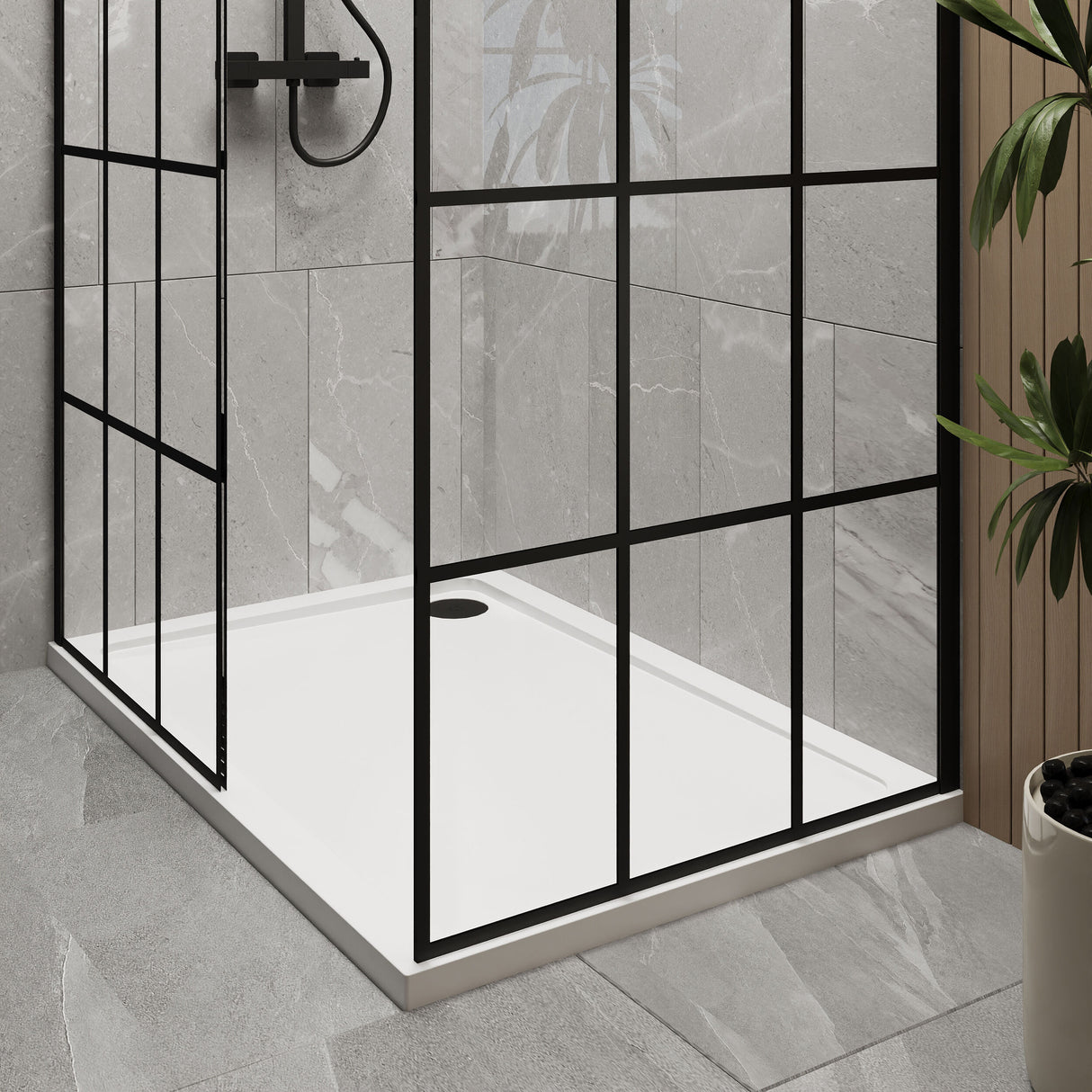 [BEZW008] Contemporary 8mm Glass Walk In Wetroom Screens with Matt Black Framed Design and Shower Tray - Choice of Size - Lifestyle 2