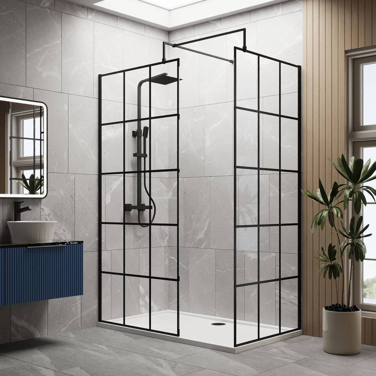 [BEZW016] Contemporary 8mm Glass Walk In Wetroom Screens with Matt Black Framed Design and Shower Tray - Choice of Size - Lifestyle 1