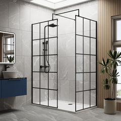 [BEZW020] Contemporary 8mm Glass Walk In Wetroom Screens with Matt Black Framed Design and Shower Tray - Choice of Size - Lifestyle 1