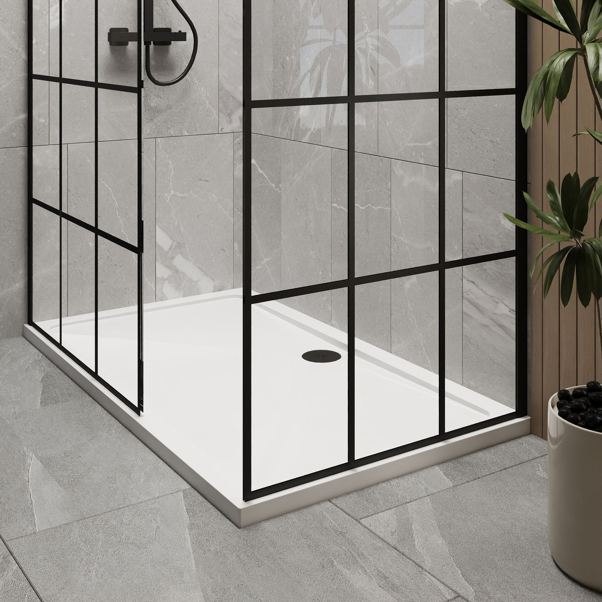[BEZW020] Contemporary 8mm Glass Walk In Wetroom Screens with Matt Black Framed Design and Shower Tray - Choice of Size - Lifestyle 2