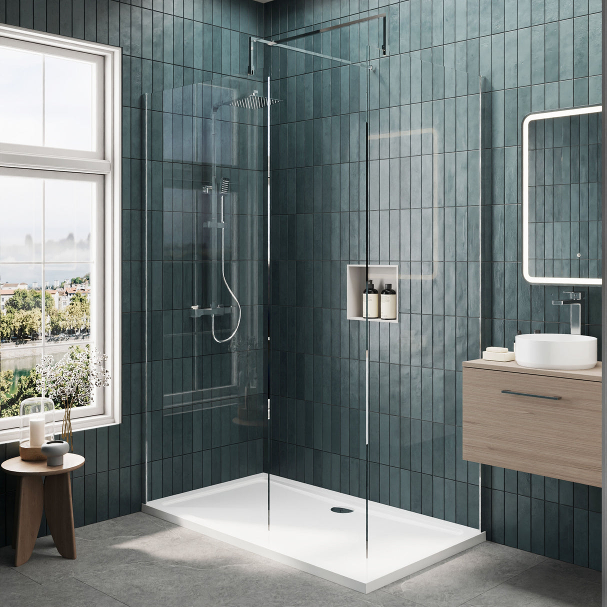 [BEZW024] Contemporary 8mm Glass Walk In Wetroom Screens and Shower Tray - Choice of Size and Finish - Lifestyle 1