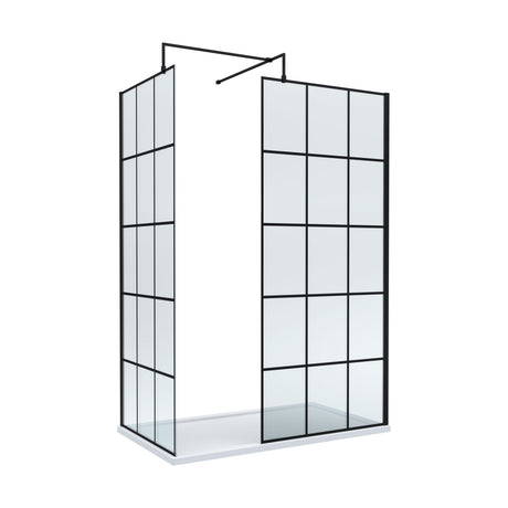 [BEZW027] Contemporary 8mm Glass Walk In Wetroom Screens with Matt Black Framed Design and Shower Tray - Choice of Size - Cutout
