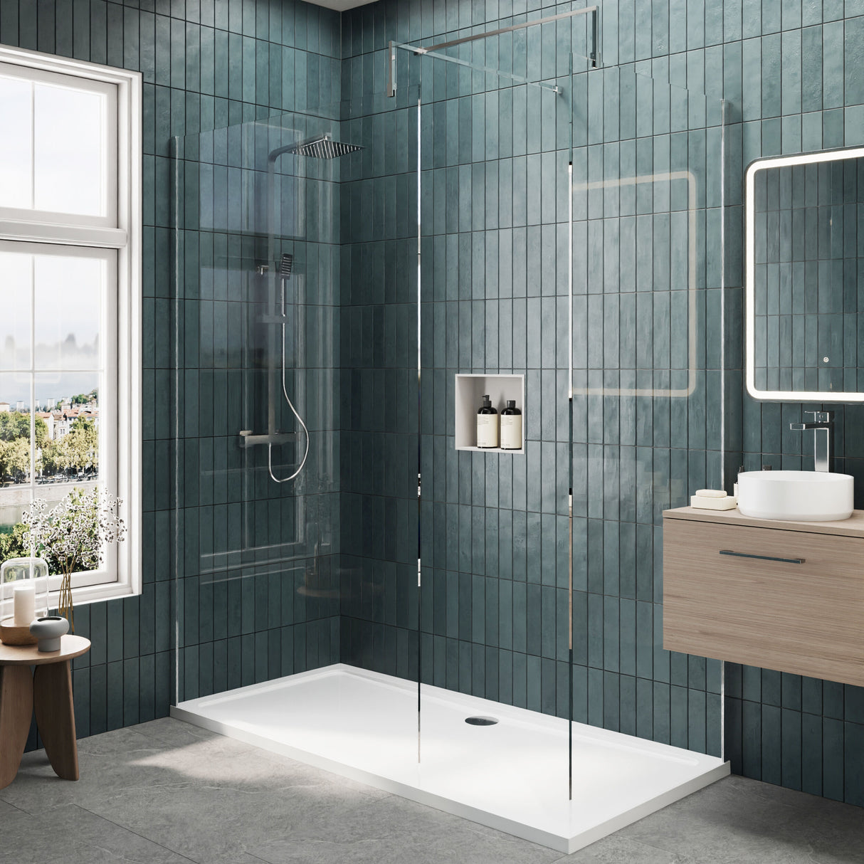 [BEZW035] Contemporary 8mm Glass Walk In Wetroom Screens and Shower Tray - Choice of Size and Finish - Lifestyle 1