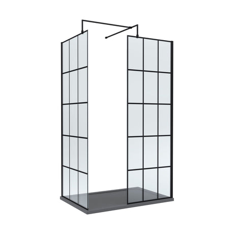 [BEZW046] Contemporary 8mm Glass Walk In Wetroom Screens with Matt Black Framed Design and Shower Tray - Choice of Size - Cutout