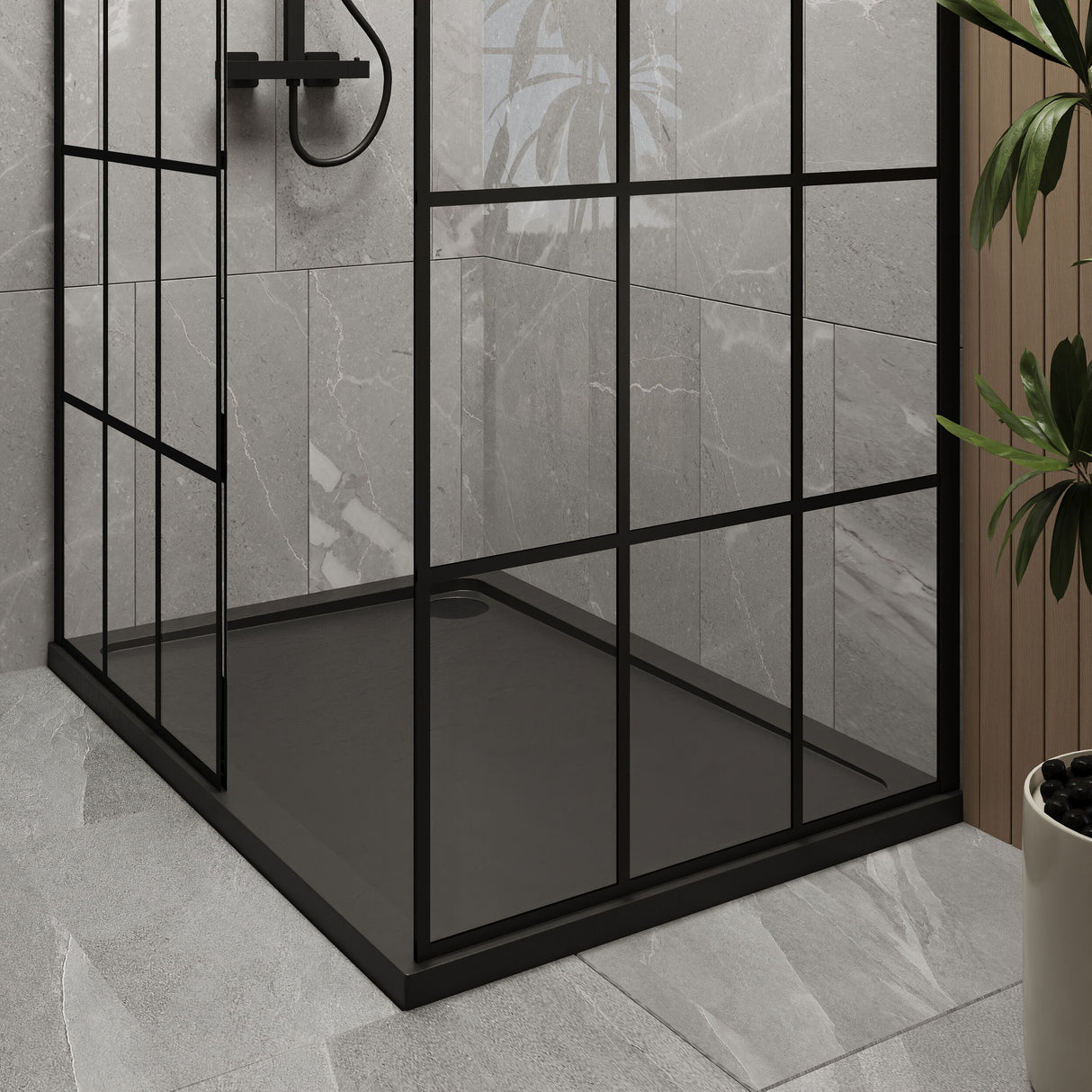 [BEZW050] Contemporary 8mm Glass Walk In Wetroom Screens with Matt Black Framed Design and Shower Tray - Choice of Size - Lifestyle 2