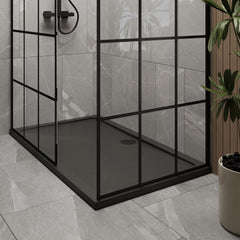 [BEZW062] Contemporary 8mm Glass Walk In Wetroom Screens with Matt Black Framed Design and Shower Tray - Choice of Size - Lifestyle 2