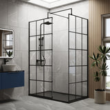 8mm Glass Walk In Wetroom Screens with Matt Black Framed Design and Shower Tray - Choice of Size