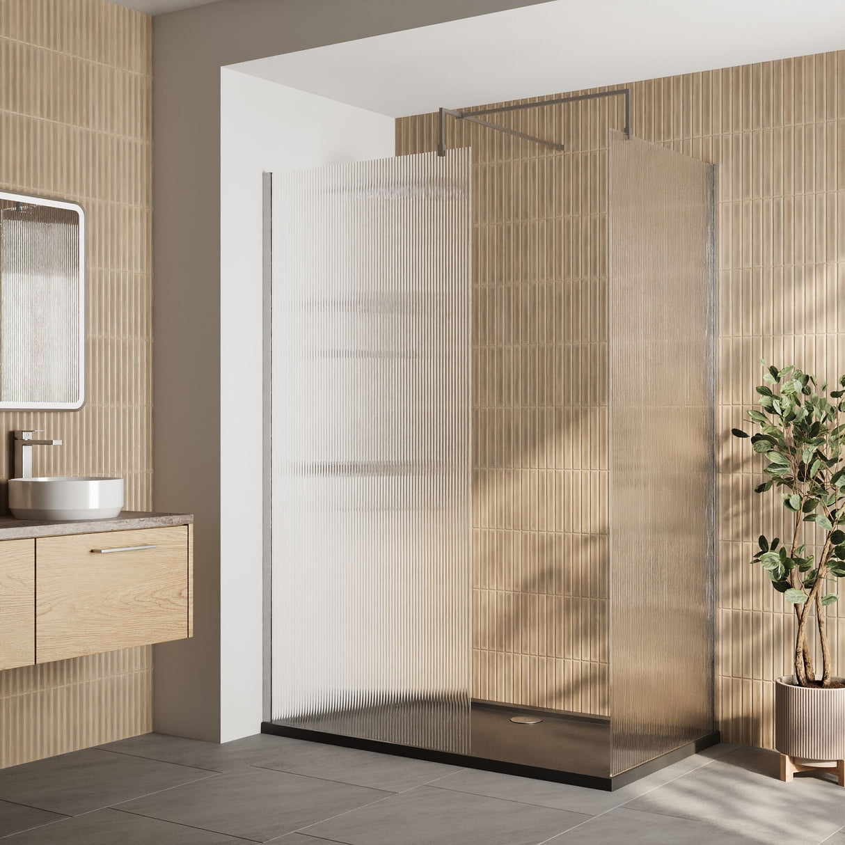 [BEZW063] Contemporary Fluted Glass Walk In Wetroom Screens and Shower Tray - Choice of Finish - Lifestyle 1