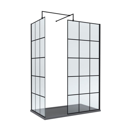 [BEZW069] Contemporary 8mm Glass Walk In Wetroom Screens with Matt Black Framed Design and Shower Tray - Choice of Size - Cutout