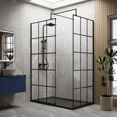 [BEZW069] Contemporary 8mm Glass Walk In Wetroom Screens with Matt Black Framed Design and Shower Tray - Choice of Size - Lifestyle 1
