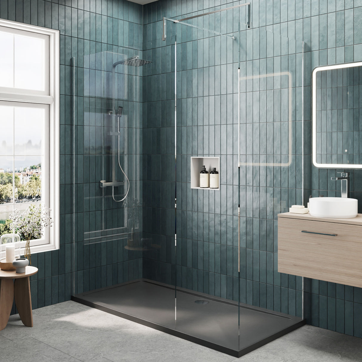 [BEZW077] Contemporary 8mm Glass Walk In Wetroom Screens and Shower Tray - Choice of Size and Finish - Lifestyle 1